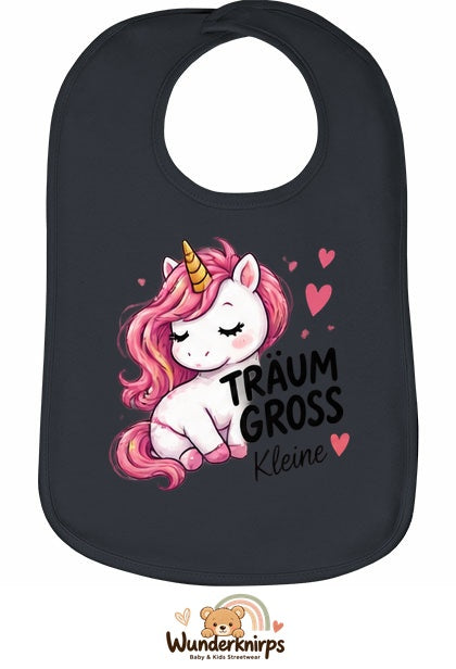 Baby-Lätzchen Olli-01 in Anthrazit mit Motiv Träum groß – Einhorn