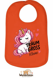 Baby-Lätzchen Olli-01 in Orange mit Motiv Träum groß – Einhorn
