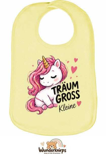 Baby-Lätzchen Olli-01 in Pastellgelb mit Motiv Träum groß – Einhorn