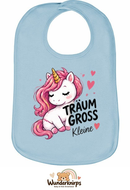 Baby-Lätzchen Olli-01 in Pastellblau mit Motiv Träum groß – Einhorn