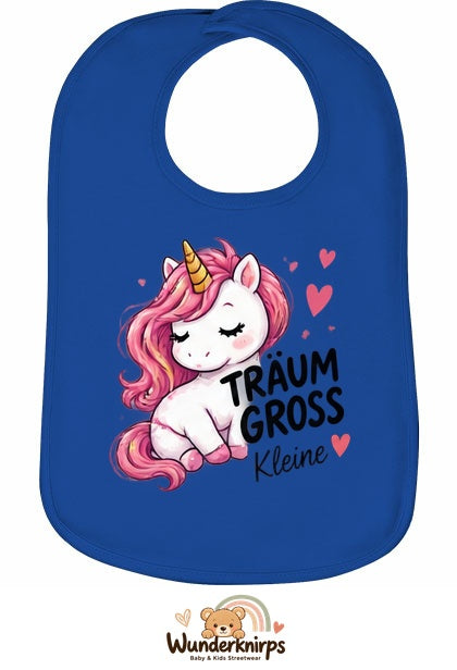 Baby-Lätzchen Olli-01 in Royalblau mit Motiv Träum groß – Einhorn