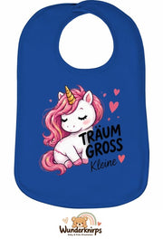 Baby-Lätzchen Olli-01 in Royalblau mit Motiv Träum groß – Einhorn