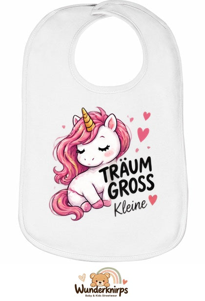 Baby-Lätzchen Olli-01 in Weiß mit Motiv Träum groß – Einhorn