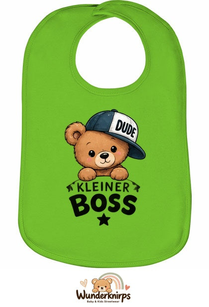 Baby-Lätzchen Olli-01 in Apfelgrün mit Motiv Kleiner Boss – Bär