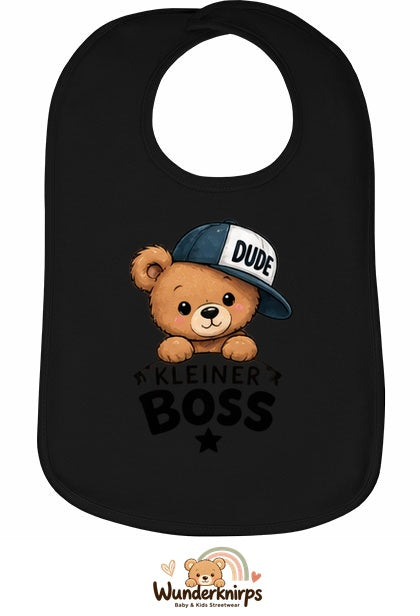 Baby-Lätzchen Olli-01 in Schwarz mit Motiv Kleiner Boss – Bär