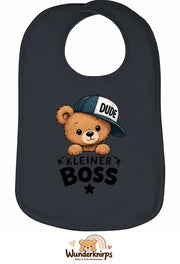 Baby-Lätzchen Olli-01 in Anthrazit mit Motiv Kleiner Boss – Bär