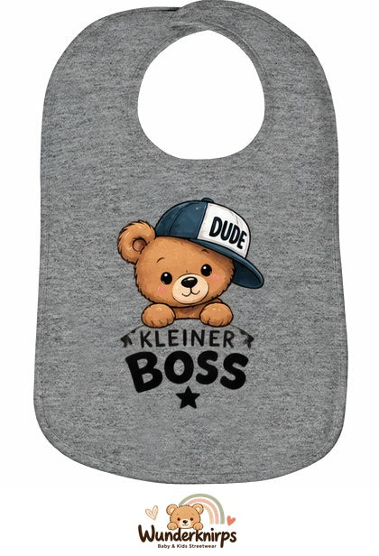 Baby-Lätzchen Olli-01 in Grau meliert mit Motiv Kleiner Boss – Bär