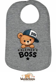Baby-Lätzchen Olli-01 in Grau meliert mit Motiv Kleiner Boss – Bär