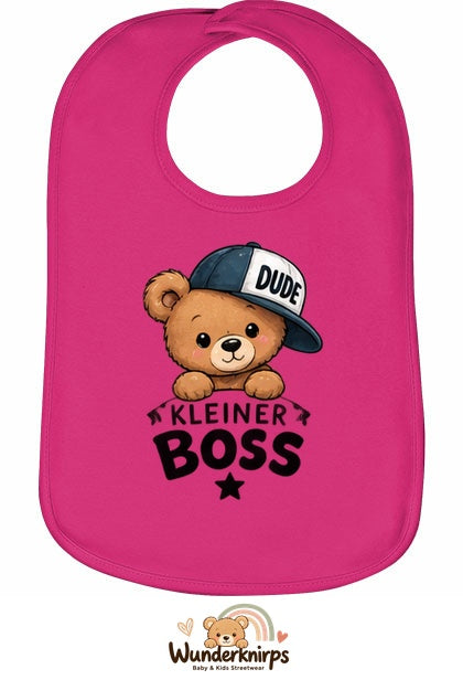 Baby-Lätzchen Olli-01 in Pink mit Motiv Kleiner Boss – Bär