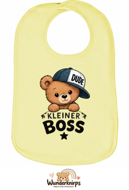 Baby-Lätzchen Olli-01 in Pastellgelb mit Motiv Kleiner Boss – Bär