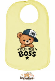 Baby-Lätzchen Olli-01 in Pastellgelb mit Motiv Kleiner Boss – Bär