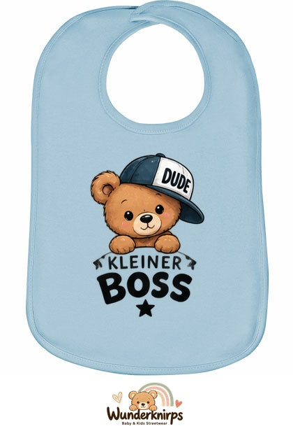 Baby-Lätzchen Olli-01 in Pastellblau mit Motiv Kleiner Boss – Bär