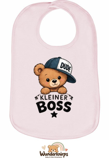 Baby-Lätzchen Olli-01 in Pastellrosa mit Motiv Kleiner Boss – Bär