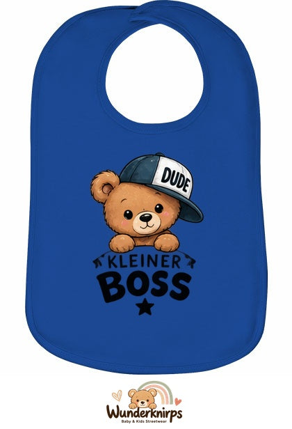 Baby-Lätzchen Olli-01 in Royalblau mit Motiv Kleiner Boss – Bär