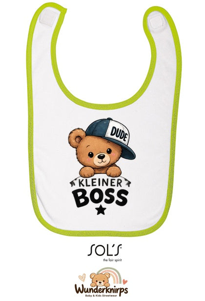 Baby-Lätzchen SOL’S Babib in Weiß / Apfelgrün mit Motiv Kleiner Boss – Bär