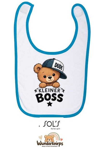 Baby-Lätzchen SOL’S Babib in Weiß / Aqua mit Motiv Kleiner Boss – Bär