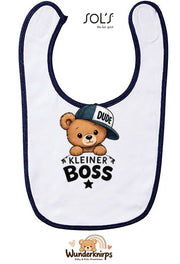 Baby-Lätzchen SOL’S Babib in Weiß / Marineblau mit Motiv Kleiner Boss – Bär