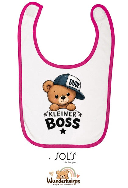 Baby-Lätzchen SOL’S Babib in Weiß / Fuchsia mit Motiv Kleiner Boss – Bär