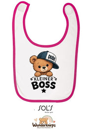 Baby-Lätzchen SOL’S Babib in Weiß / Fuchsia mit Motiv Kleiner Boss – Bär