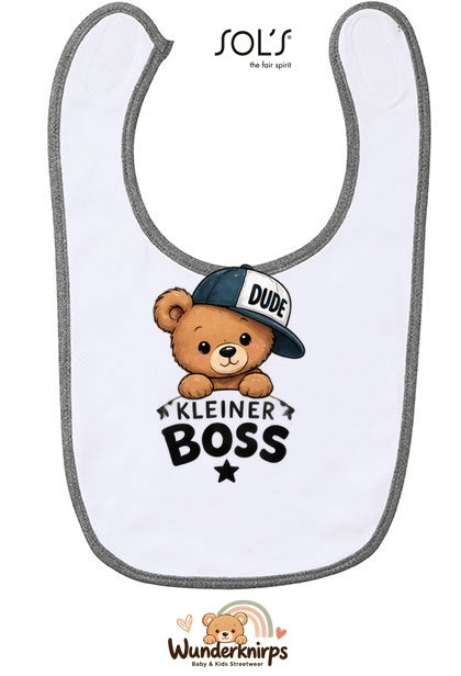 Baby-Lätzchen SOL’S Babib in Weiß / Grau meliert mit Motiv Kleiner Boss – Bär