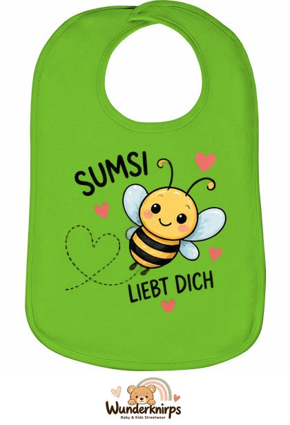 Baby-Lätzchen Olli-01 in Apfelgrün mit Motiv Sumsi liebt dich – Biene