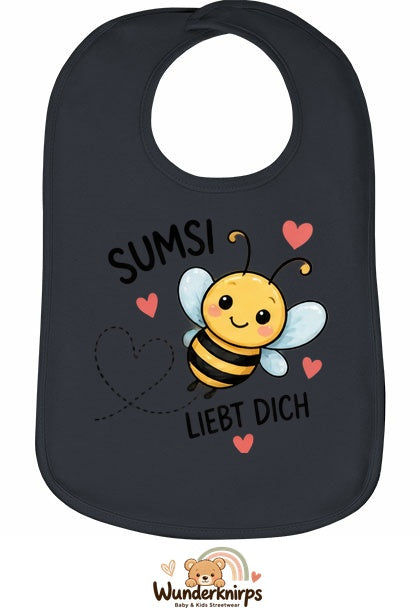 Baby-Lätzchen Olli-01 in Anthrazit mit Motiv Sumsi liebt dich – Biene