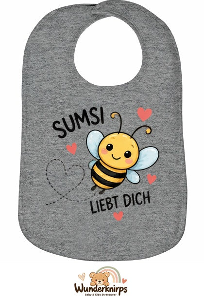 Baby-Lätzchen Olli-01 in Grau meliert mit Motiv Sumsi liebt dich – Biene