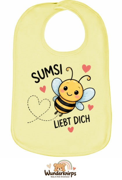Baby-Lätzchen Olli-01 in Pastellgelb mit Motiv Sumsi liebt dich – Biene