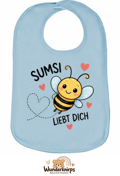 Baby-Lätzchen Olli-01 in Pastellblau mit Motiv Sumsi liebt dich – Biene