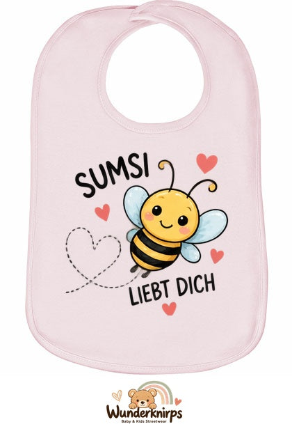 Baby-Lätzchen Olli-01 in Pastellrosa mit Motiv Sumsi liebt dich – Biene