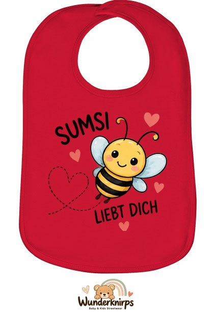 Baby-Lätzchen Olli-01 in Rot mit Motiv Sumsi liebt dich – Biene