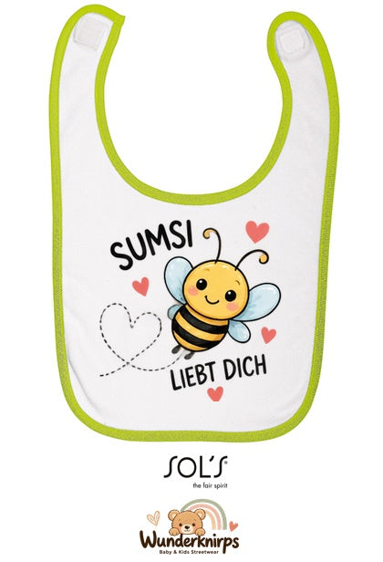 Baby-Lätzchen SOL’S Babib in Weiß / Apfelgrün mit Motiv Sumsi liebt dich – Biene