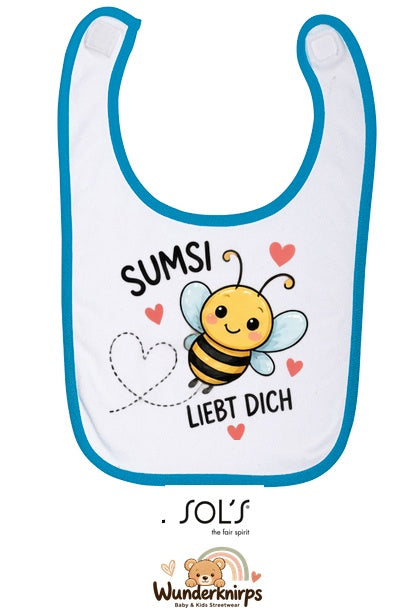Baby-Lätzchen SOL’S Babib in Weiß / Aqua mit Motiv Sumsi liebt dich – Biene