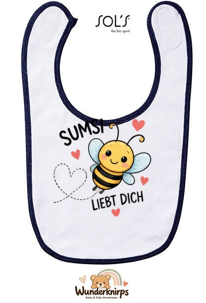 Baby-Lätzchen SOL’S Babib in Weiß / Marineblau mit Motiv Sumsi liebt dich – Biene