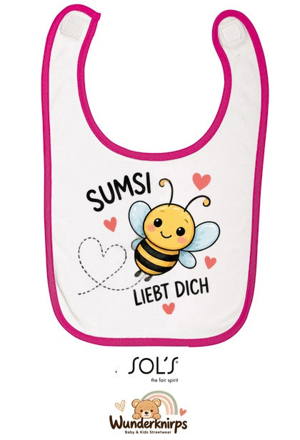 Baby-Lätzchen SOL’S Babib in Weiß / Fuchsia mit Motiv Sumsi liebt dich – Biene