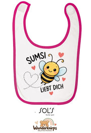 Baby-Lätzchen SOL’S Babib in Weiß / Fuchsia mit Motiv Sumsi liebt dich – Biene