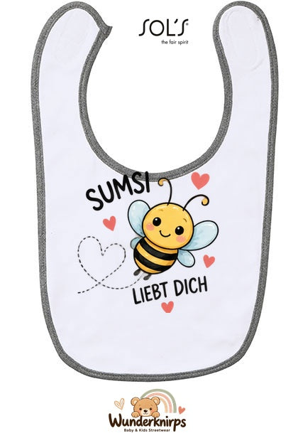Baby-Lätzchen SOL’S Babib in Weiß / Grau meliert mit Motiv Sumsi liebt dich – Biene