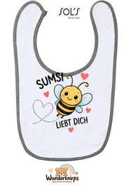 Baby-Lätzchen SOL’S Babib in Weiß / Grau meliert mit Motiv Sumsi liebt dich – Biene