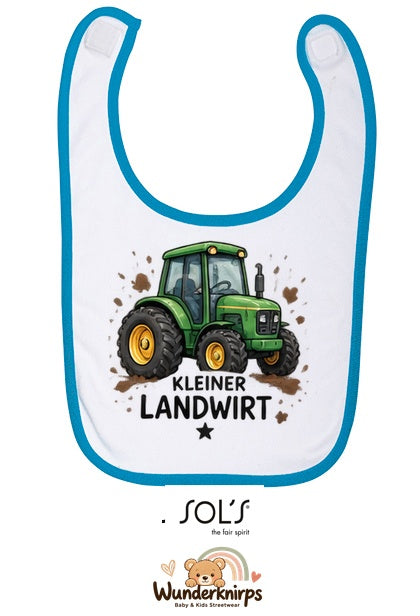 Baby-Lätzchen SOL’S Babib in Weiß / Aqua mit Motiv Kleiner Landwirt – Traktor