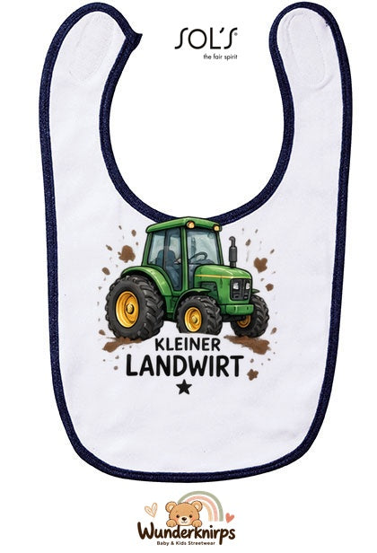 Baby-Lätzchen SOL’S Babib in Weiß / Marineblau mit Motiv Kleiner Landwirt – Traktor