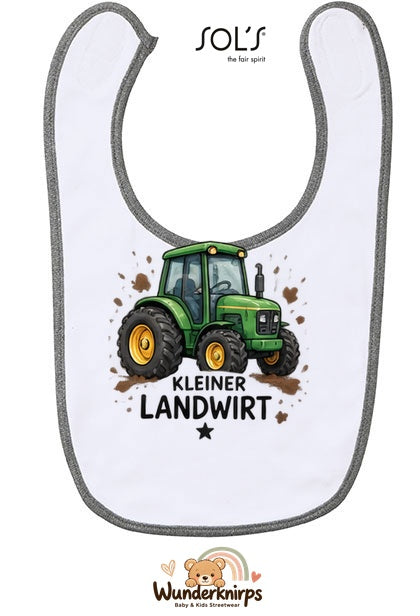 Baby-Lätzchen SOL’S Babib in Weiß / Grau meliert mit Motiv Kleiner Landwirt – Traktor