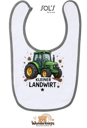 Baby-Lätzchen SOL’S Babib in Weiß / Grau meliert mit Motiv Kleiner Landwirt – Traktor