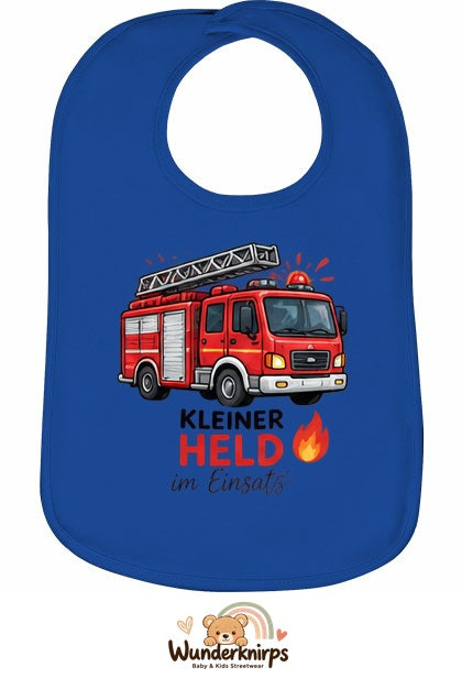 Baby-Lätzchen Olli-01 in Royalblau mit Motiv Kleiner Held – Feuerwehr