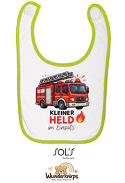 Baby-Lätzchen SOL’S Babib in Weiß / Apfelgrün mit Motiv Kleiner Held – Feuerwehr