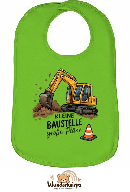 Baby-Lätzchen Olli-01 in Apfelgrün mit Motiv Kleine Baustelle – Bagger