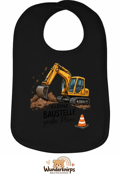 Baby-Lätzchen Olli-01 in Schwarz mit Motiv Kleine Baustelle – Bagger