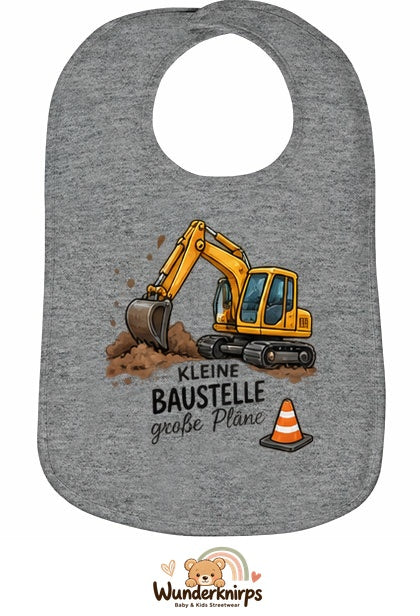 Baby-Lätzchen Olli-01 in Grau meliert mit Motiv Kleine Baustelle – Bagger