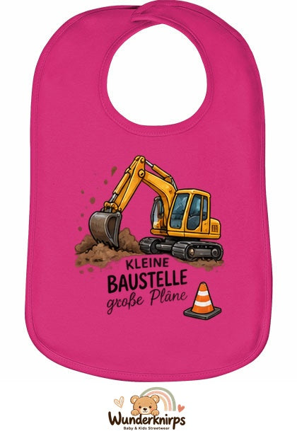 Baby-Lätzchen Olli-01 in Pink mit Motiv Kleine Baustelle – Bagger