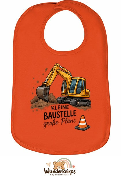 Baby-Lätzchen Olli-01 in Orange mit Motiv Kleine Baustelle – Bagger