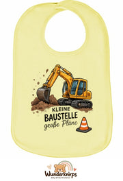 Baby-Lätzchen Olli-01 in Pastellgelb mit Motiv Kleine Baustelle – Bagger